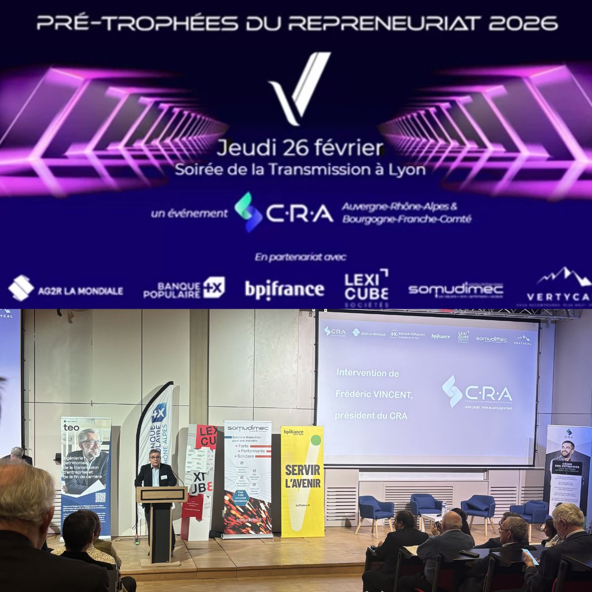 Soirée du Repreneuriat organisée par le CRA à l’Université Catholique de Lyon, avec dirigeants, partenaires et intervenants réunis pour valoriser la transmission d’entreprise, l’engagement humain et le savoir-faire local.